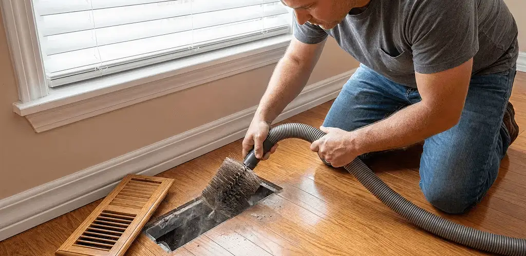 Air duct cleaning technician vacuuming a floor vent and duct opening in Charleston, SC