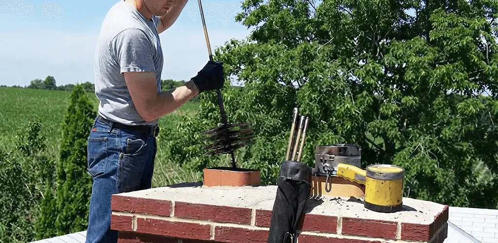 Chimney cleaning technician working on a rooftop chimney with professional tools in Charleston, SC