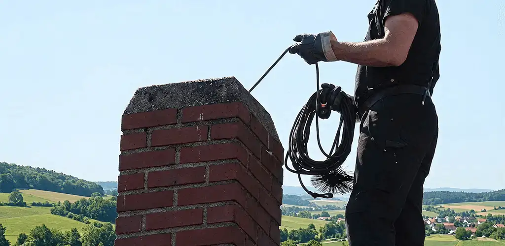 Chimney sweep inspecting and cleaning a rooftop chimney in Charleston, SC