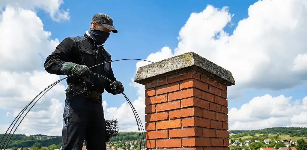 Chimney sweep cleaning a brick chimney with professional tools in Charleston, SC