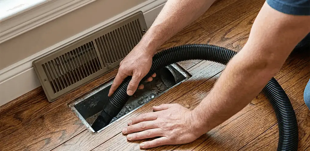 Air duct cleaning technician vacuuming a floor register and duct opening in Charleston, SC