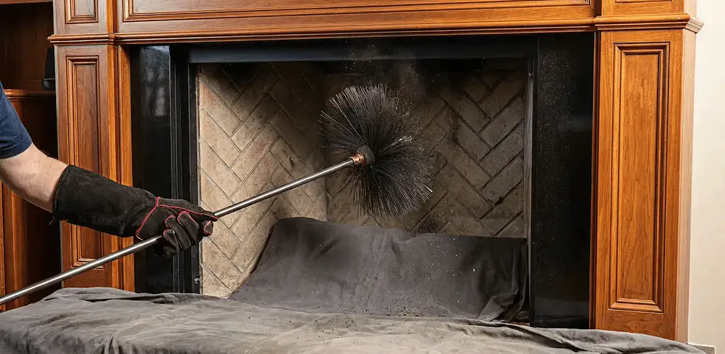 Chimney cleaning service brushing soot from a fireplace and flue in Charleston, SC