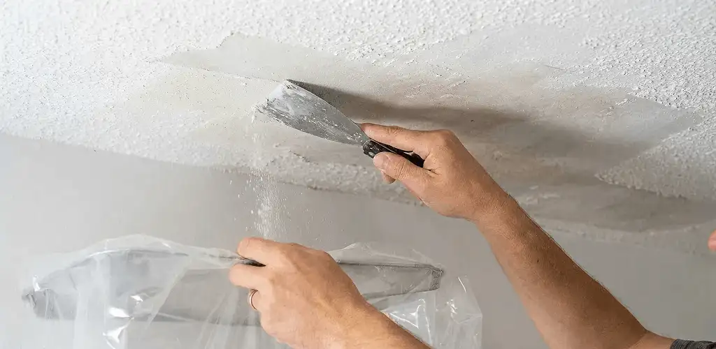 Popcorn ceiling removal technician scraping texture from a ceiling in Charleston, SC