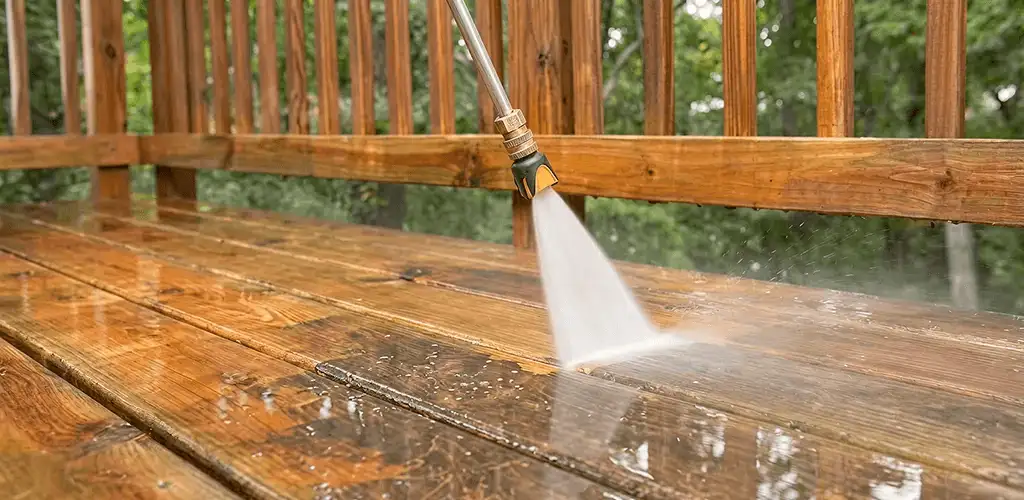 Pressure washing a wood deck to remove dirt and buildup in Charleston, SC
