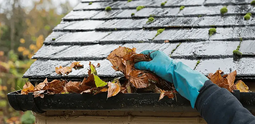 Gutter cleaning technician clearing wet leaves from roof gutters in Charleston, SC