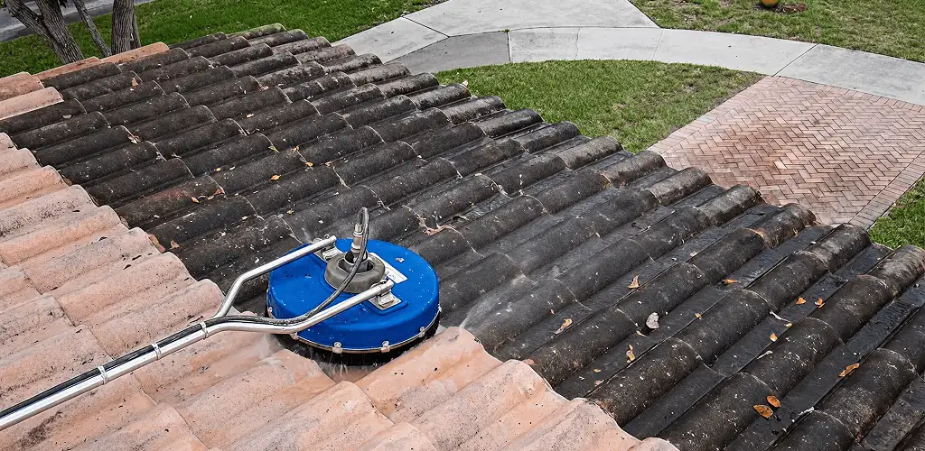 Roof pressure cleaning removing debris and buildup from roof tiles in Charleston, SC