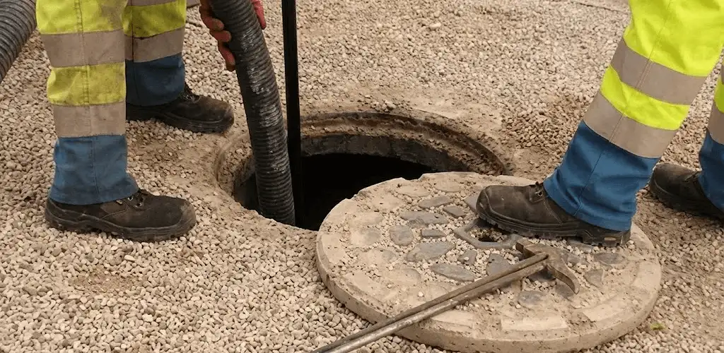Drain cleaning crew clearing a sewer access point with professional equipment in Charleston, SC