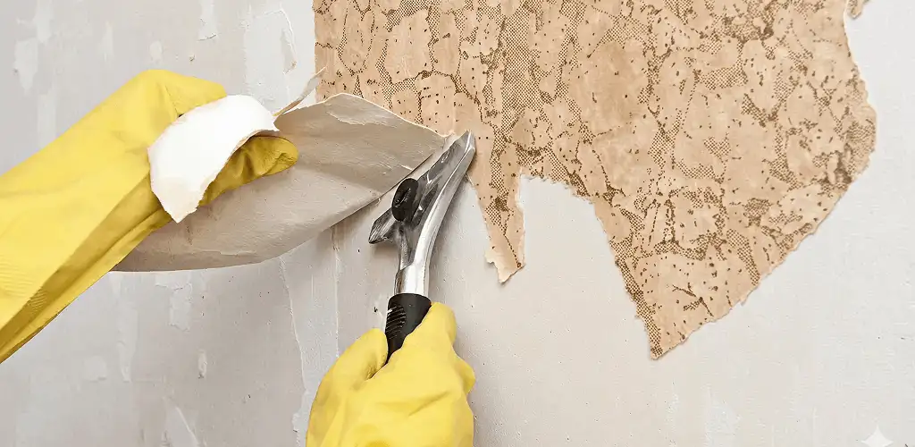 Wallpaper removal service stripping old wallpaper from a wall in Charleston, SC